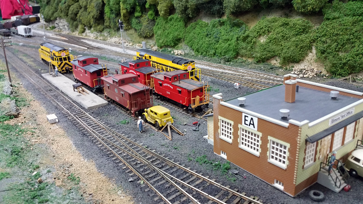 The caboose tracks at Elmore Yard are almost full on Gerry Alber's Virginian layout.